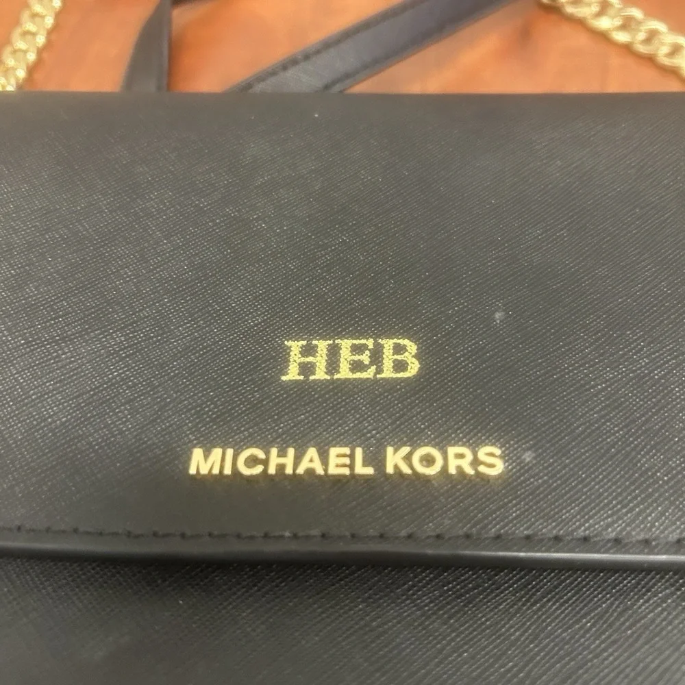 Michael Kors Daniela Crossbody Handbag Black Flap Saffiano Leather Chain INITIAL